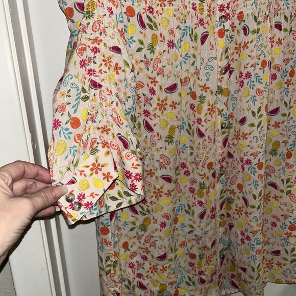 Democracy Multicolor Fruit Floral Print 3/4 Sleeve Button Down Blouse Size Large - Picture 4 of 8